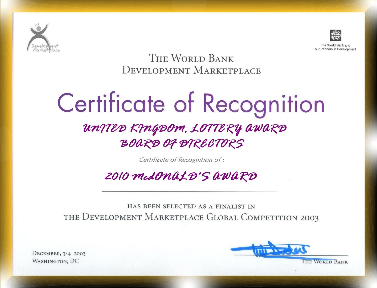 Certificate Of Winning